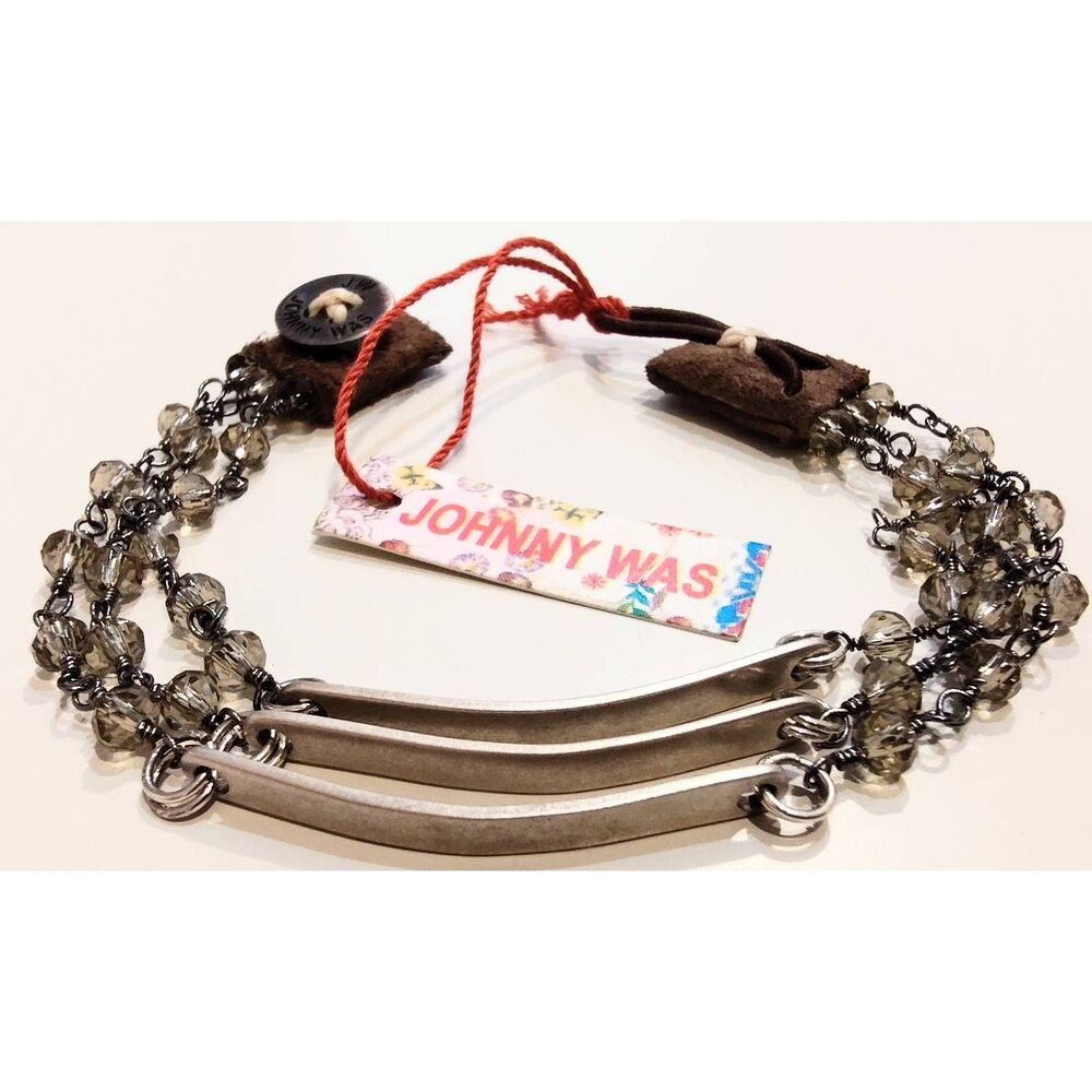 Johnny Was 925 Silver 3 plate with crystal bead bracelet.  Loop/leather NWT